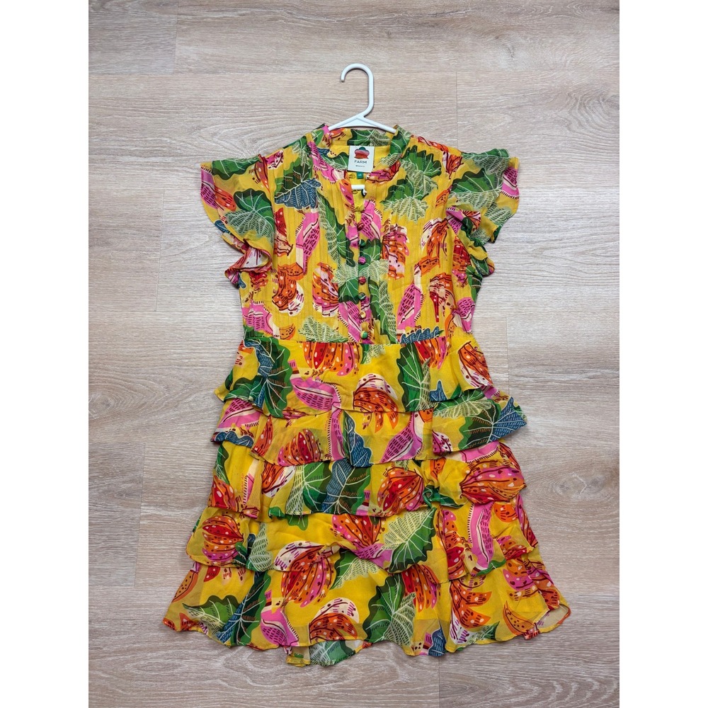 Farm Rio Tropical Toucan Banana Tiered Ruffle Mini Dress Women's XS